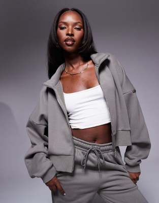 South Beach - Sweatshirt in Khaki mit kurzem Schnitt und Stehkragen-Grün