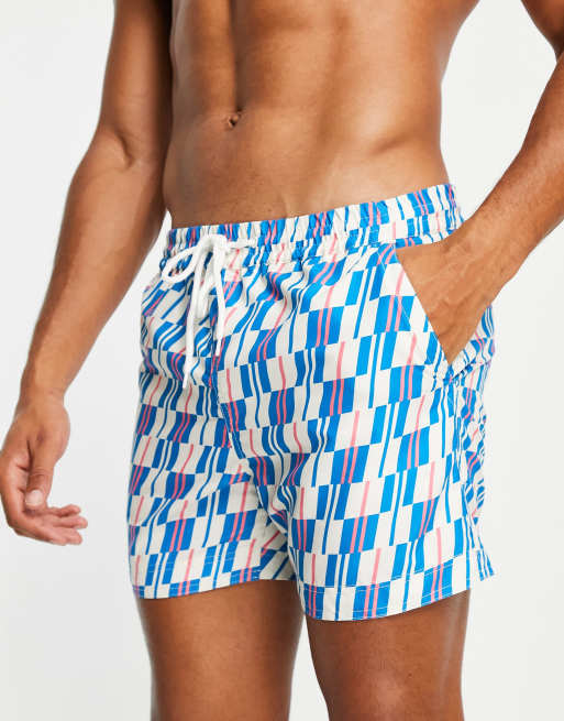 GEOMETRIC PRINT SWIMMING TRUNKS - Ecru / Blue