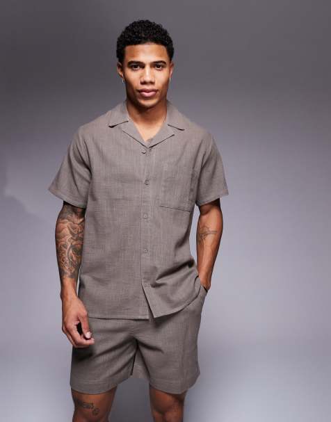 South Beach textured short sleeve beach shirt co-ord in grey