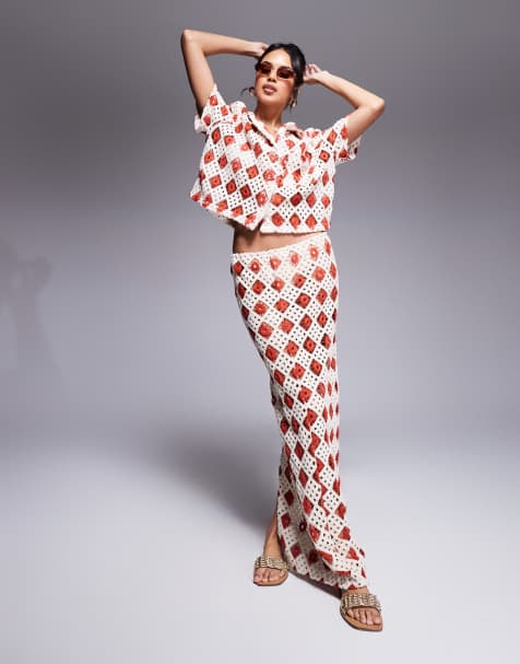 South Beach crochet maxi beach skirt in cream and rust