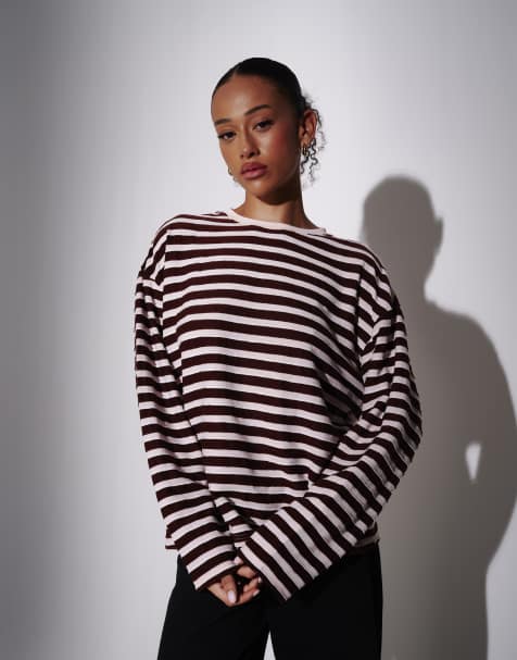 South Beach - T-shirt a maniche lunghe marrone testurizzata a righe - view 1