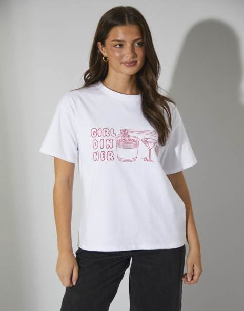 South Beach - T-shirt bianca con scritta Girl Dinner - view 1