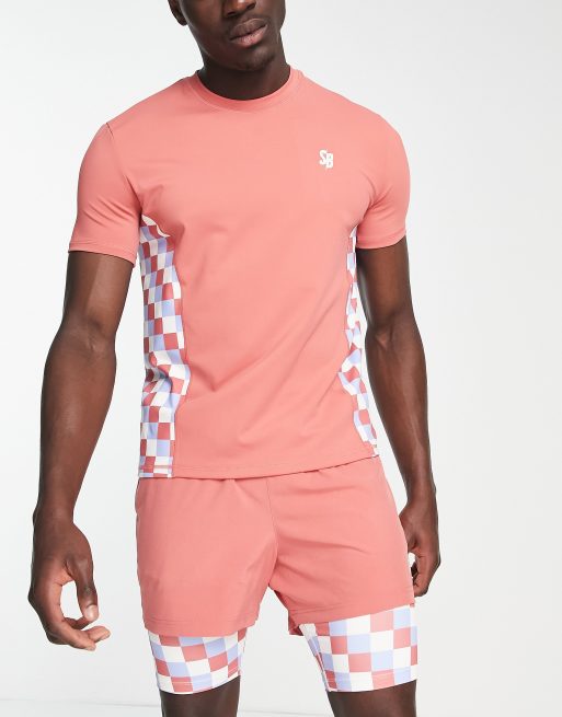 South Beach- T-shirt in polyester met geruit paneel in rood - RED