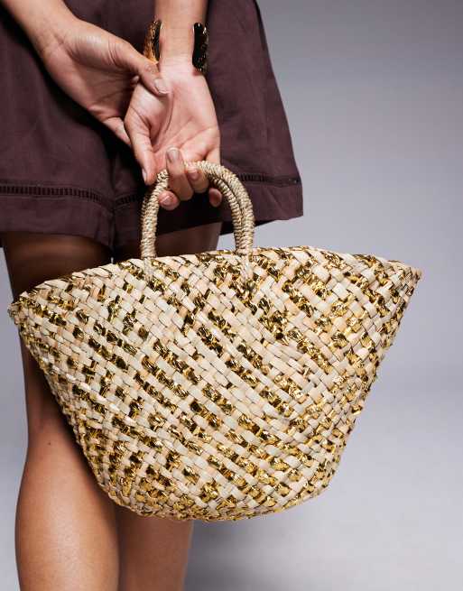 South Beach - Tas van stro met crossbody riem in goud metallic, 4 van 4