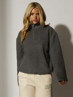 South Beach - Teddy-Pullover in Grau mit Fleece-Innenseite und kurzem Reißverschluss