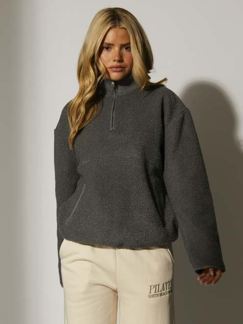 South Beach – Teddy-Pullover in Grau mit Fleece-Innenseite und kurzem Reißverschluss - view 1