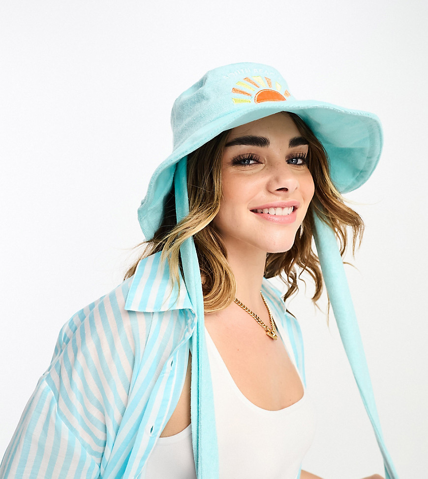 South Beach terrycloth bucket hat with ties in bright blue
