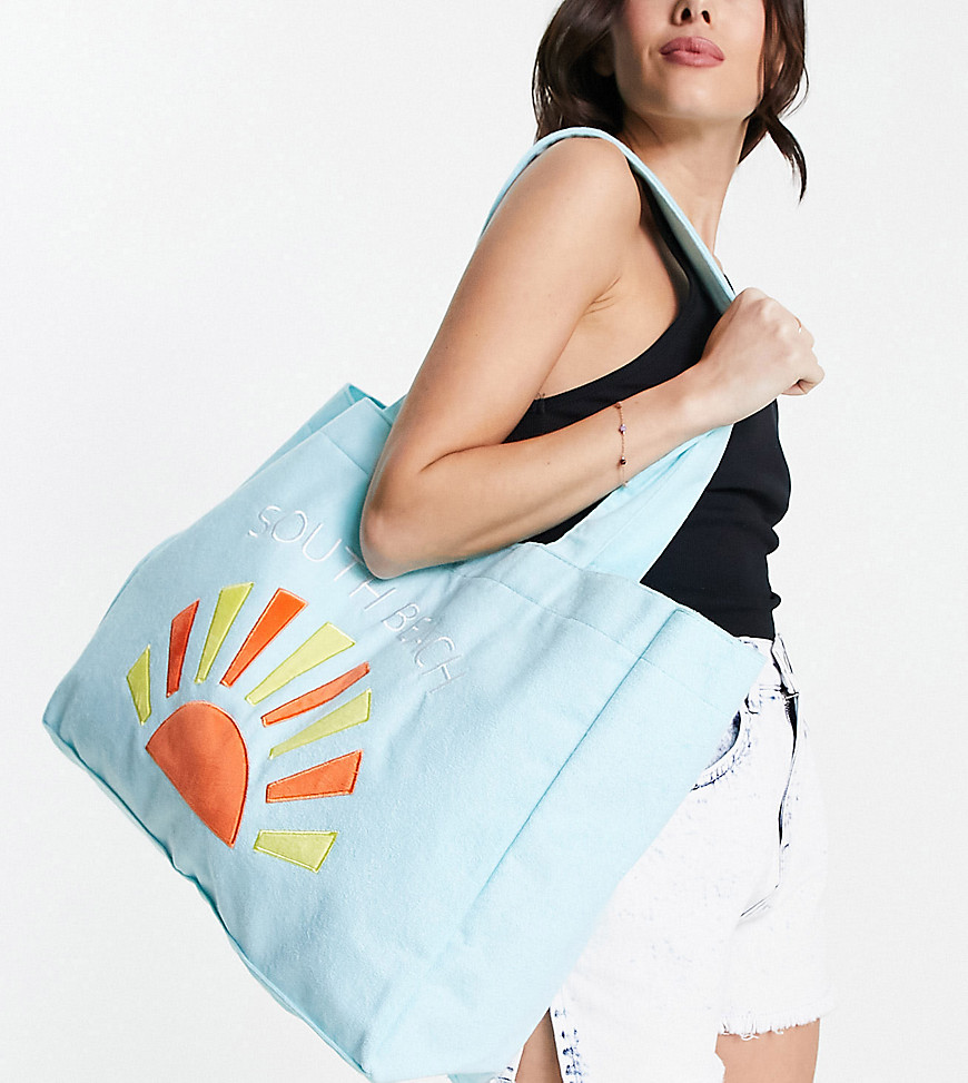 South Beach Terrycloth Embroidered Beach Tote Bag In Bright Blue