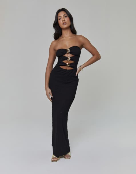 South Beach Textured bandeau decal detail maxi dress in black