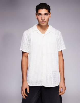 South Beach Textured Camp Collar Beach Shirt In White