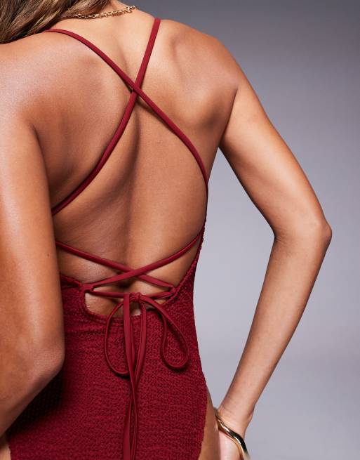 South Beach textured cross back high leg swimsuit in cherry, 3 of 4