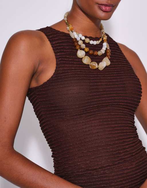 South Beach Textured frill sleeveless top in brown, 2 of 4
