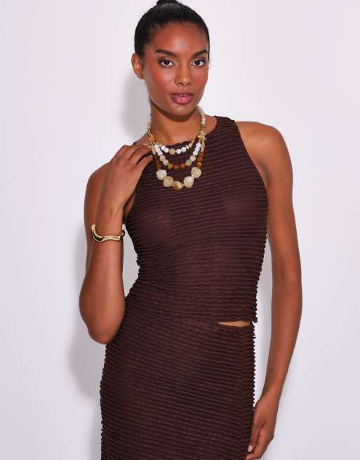 South Beach Textured frill sleeveless top in brown, 3 of 4