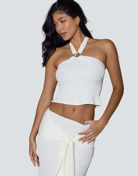 South Beach Textured halterneck top in cream - view 1
