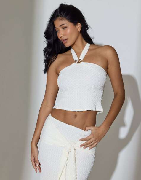 South Beach Textured halterneck top in cream