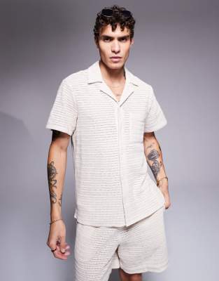 textured knit beach shirt in cream-White