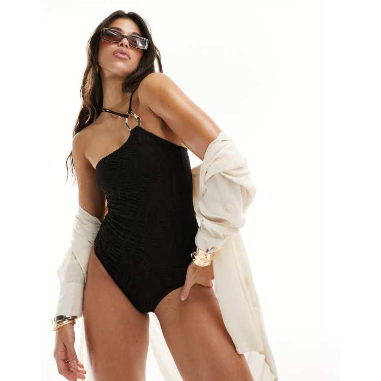 South Beach textured one shoulder swimsuit with hardware detail