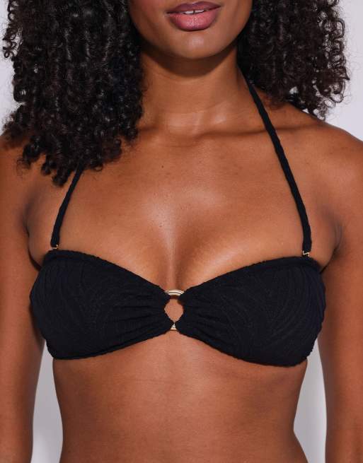 South Beach Textured ring decal halter neck  bikini set in black, 3 of 6