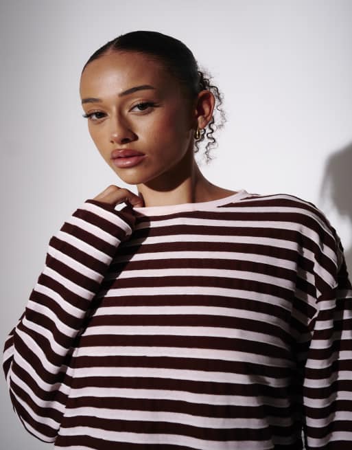 South Beach Textured stripe long sleeve t-shirt in brown, 2 of 4