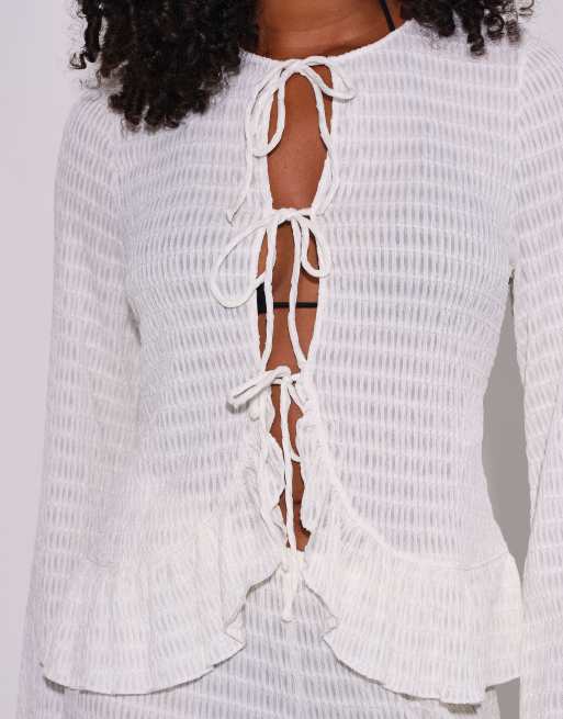 South Beach Textured tie front flared long sleeve top in white, 2 of 4