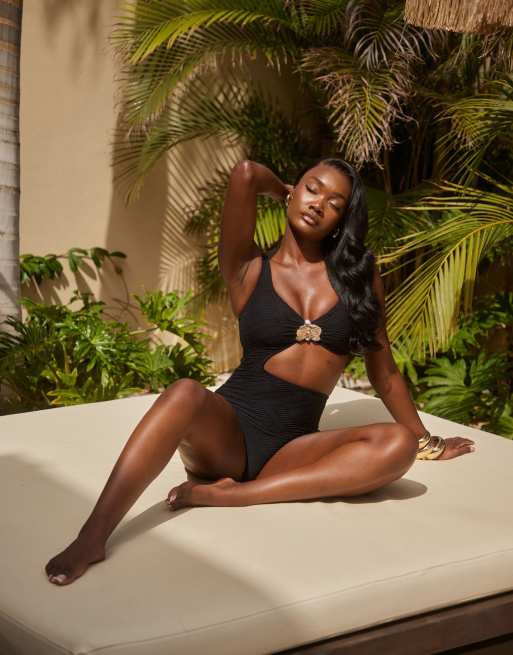 South Beach textured wave swimsuit with gold flower detail in black, 2 of 4