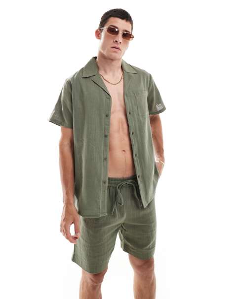 South Beach textured weave short sleeve beach shirt in olive - view 1