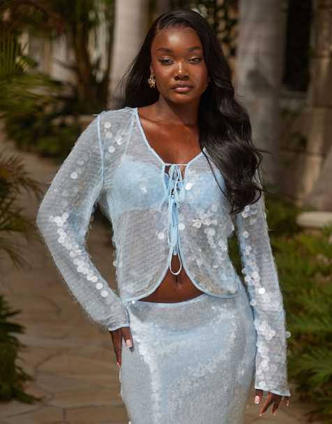 South Beach tie front sequin long sleeve beach top in blue - view 1