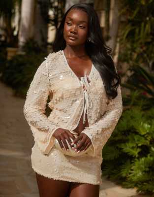 south beach tie front sequin long sleeve beach top in cream