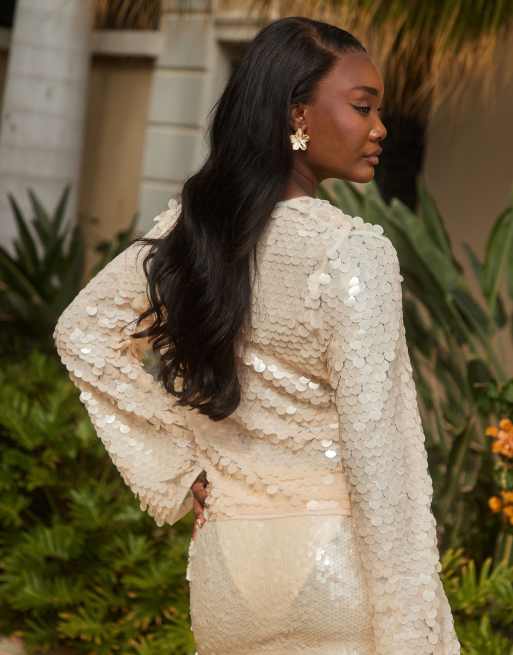 South Beach tie front sequin long sleeve beach top in cream ASOS