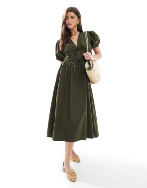 South Beach Tie front short sleeve midi dress in khaki - view 1
