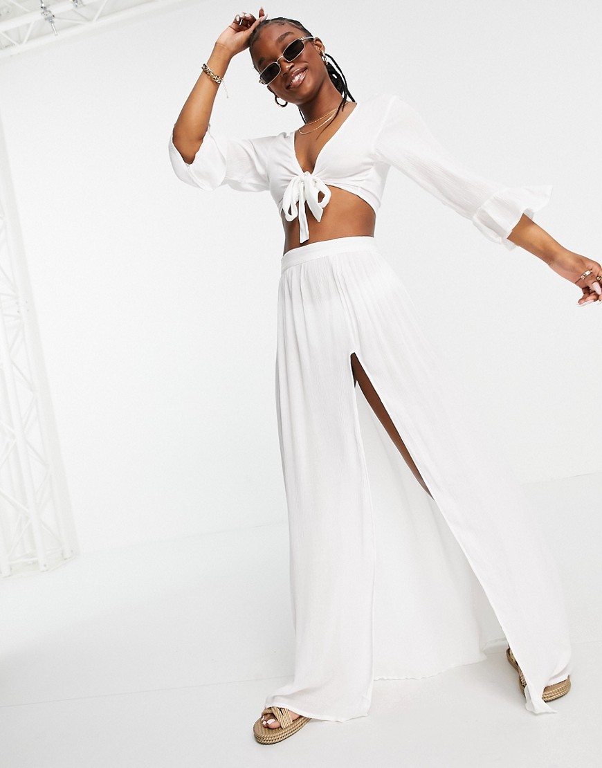 South Beach Tie Front Top With Extreme Slit Maxi-White