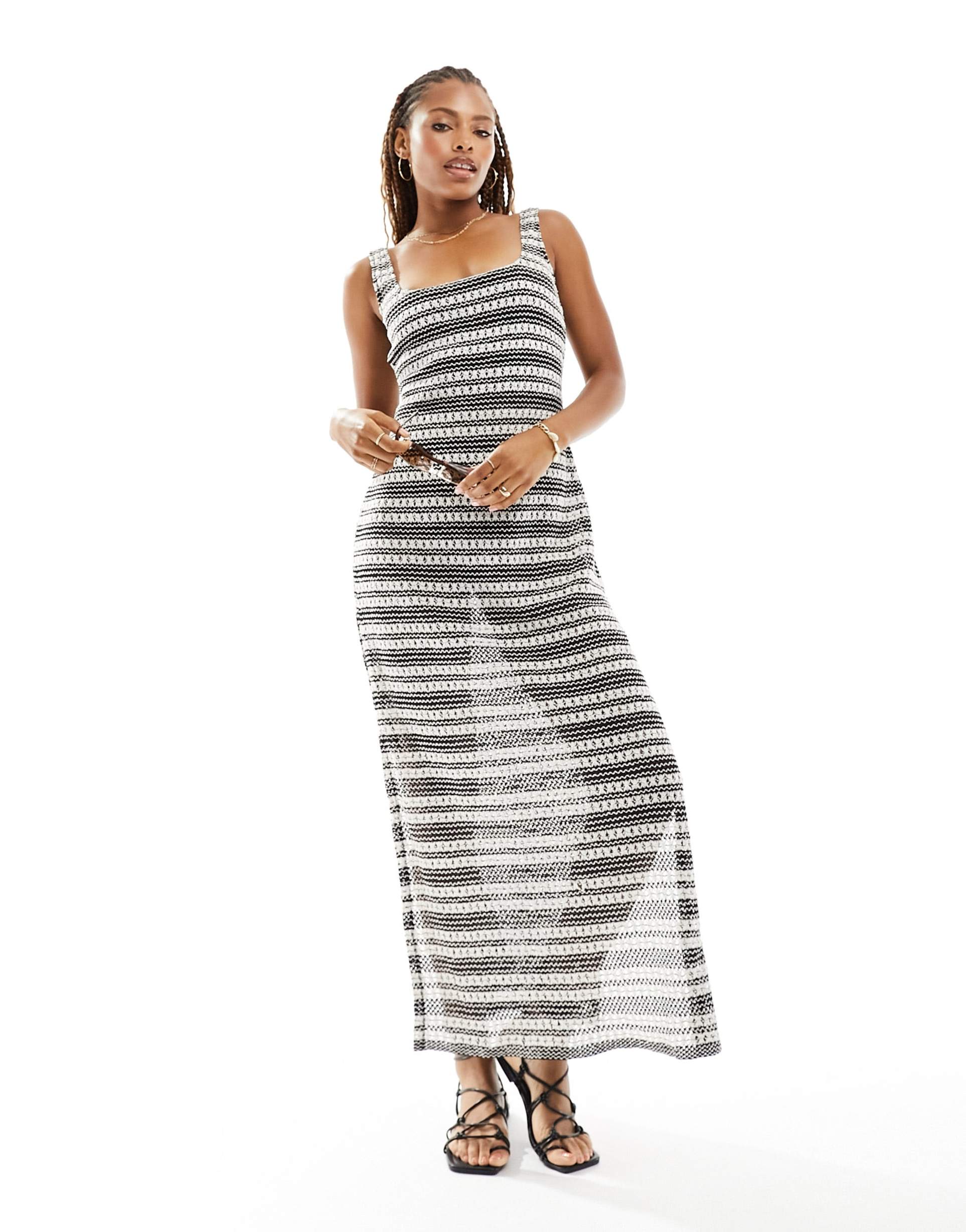 south beach tie shoulder stripe knit dress in black and white