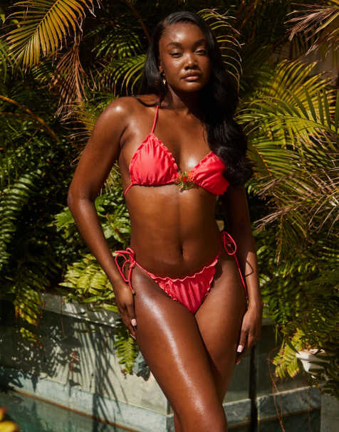 South Beach tie side bikini bottom with frill hem in coral - view 1