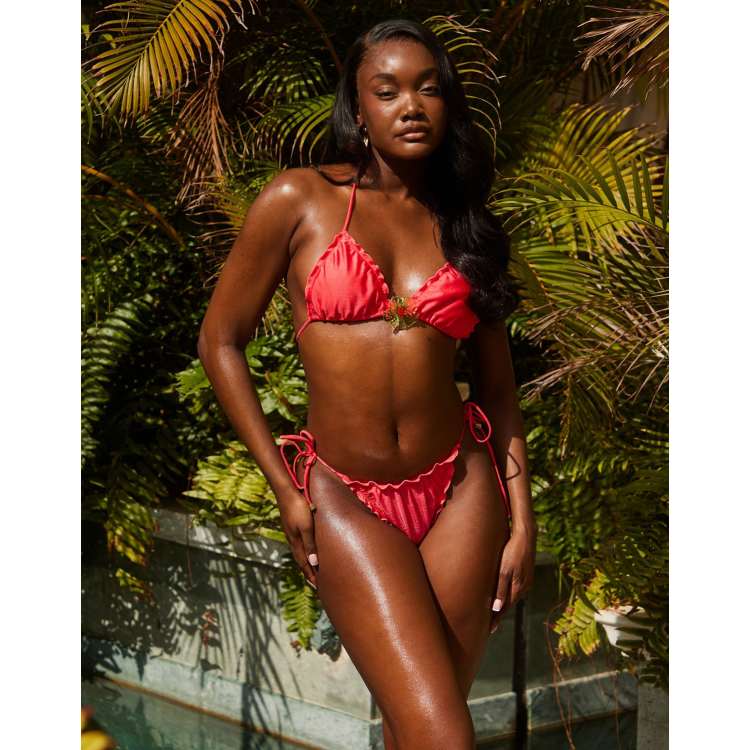 South Beach tie side bikini bottoms with frill hem in coral | ASOS