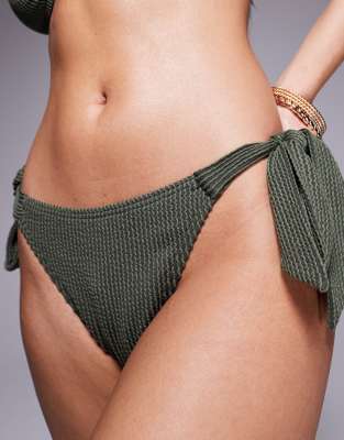 South Beach Tie Side Crinkle Stripe Bikini Bottoms In Green