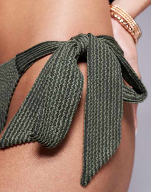 South Beach tie side crinkle stripe bikini bottoms in olive, 4 of 4