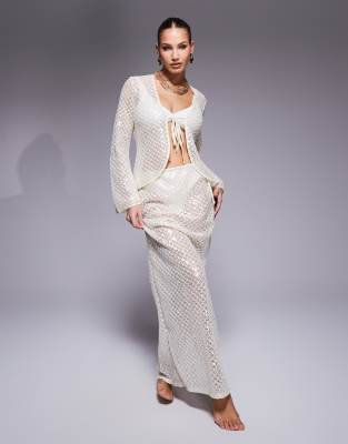 tie side sequin maxi beach skirt in cream-White