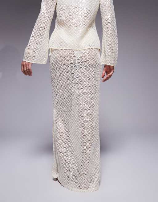 South Beach tie side sequin maxi beach skirt in cream, 3 of 5