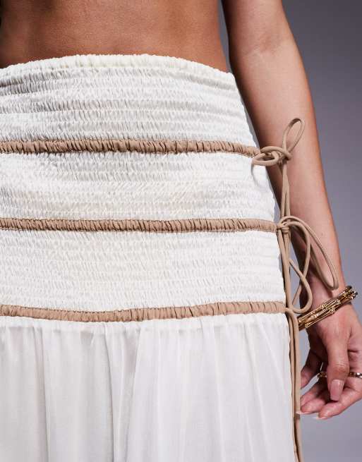 South Beach tiered beach maxi skirt with contrast piping in cream, 4 of 5