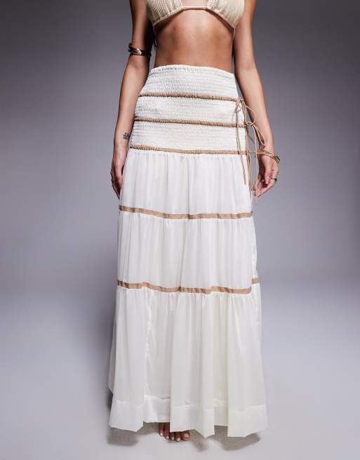 South Beach tiered maxi beach skirt with contrast piping in cream