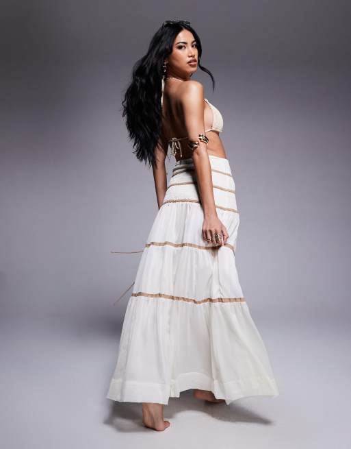 South Beach tiered maxi beach skirt with contrast piping in cream