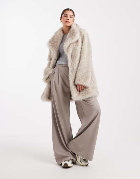 South Beach tipped long pile faux fur collar mid length jacket in beige 