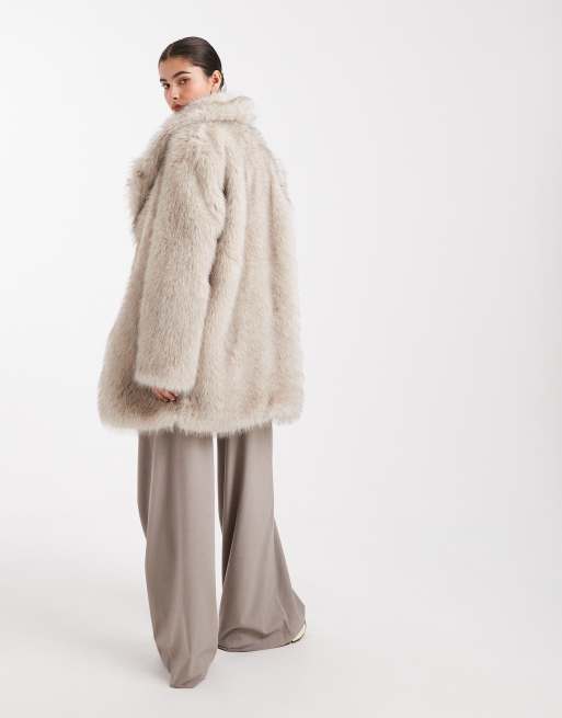 South Beach tipped long pile faux fur collar mid length jacket in beige , 3 of 4