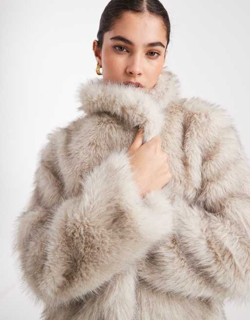 South Beach tipped long pile faux fur collar mid length jacket in beige , 4 of 4