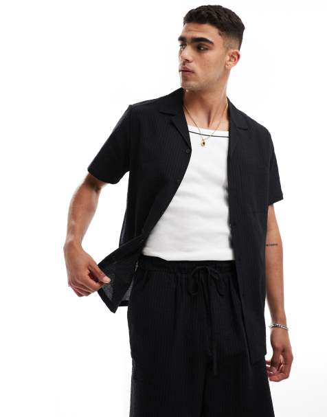 South Beach tonal seersucker stripe beach shirt in black - part of a set - view 1