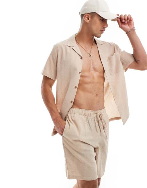 South Beach tonal seersucker stripe beach shirt in oat (part of a set)