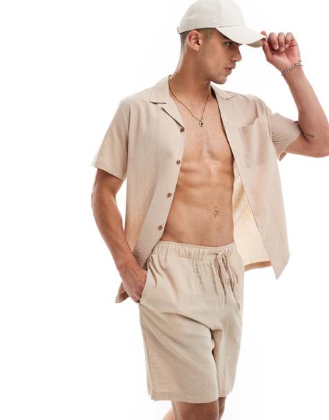 South Beach tonal seersucker striped beach shirt in oat - part of a set - view 1