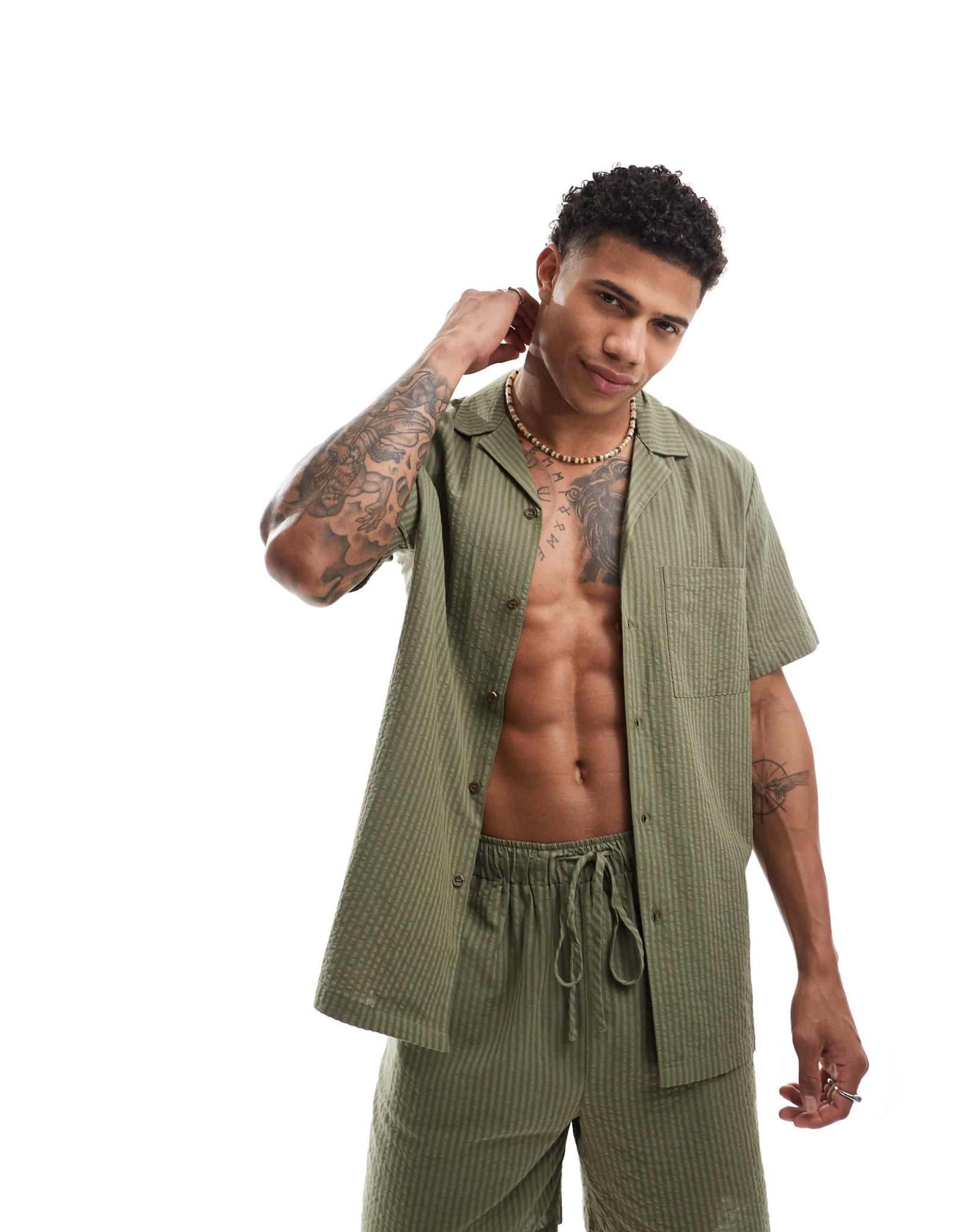 Пляжная рубашка в полоску из сетчатого материала South Beach оливкового цвета - часть комплекта 7790₽