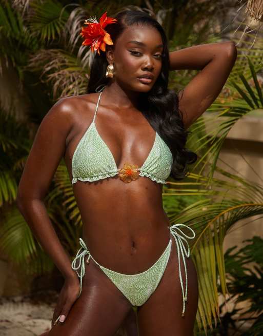 South Beach - Top bikini a triangolo verde multicolore con fiore giallo