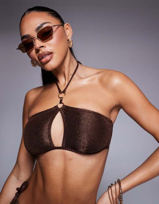 South Beach - Top bikini allacciato al collo cioccolato lucido stropicciato, 4 di 4